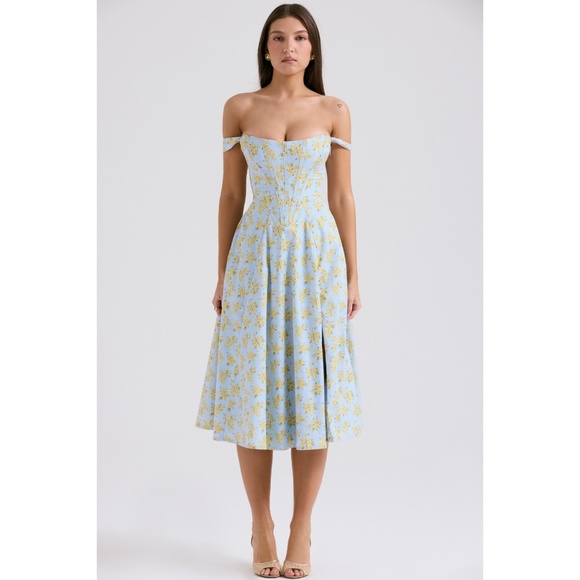 NEW House of CB Saira Soft Blue Vintage Floral Print Dress L+ (XL) - Picture 6 of 17